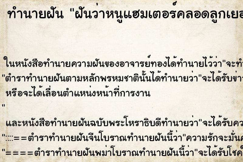 ทำนายฝันฝันว่าหนูแฮมเตอร์คลอดลูกเยอะมากกว่า10ตัว ทำนายฝันทำนายฝันฝันว่าหนูแฮมเตอร์คลอดลูกเยอะมากกว่า10ตัว